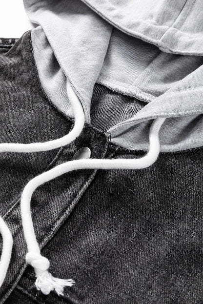 Distressed Drawstring Long Sleeve Hooded Denim Jacket-Angel Casuals
