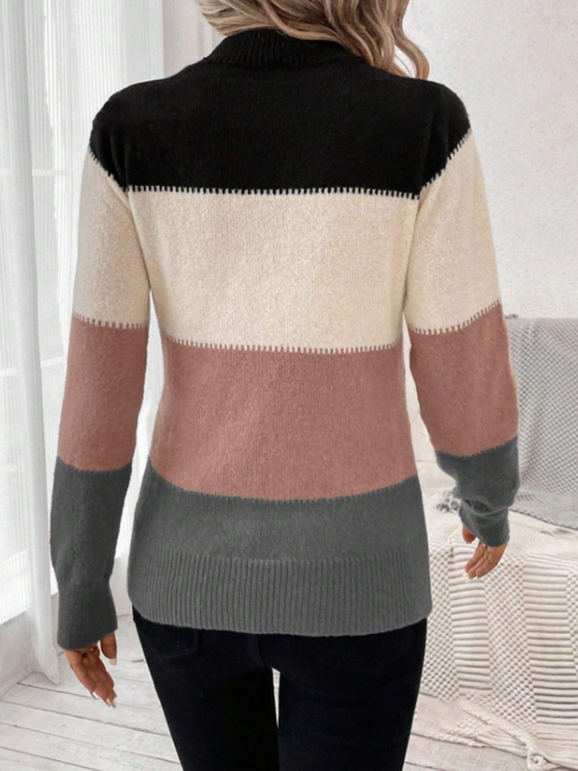 Color Block Mock Neck Long Sleeve Sweater-Angel Casuals