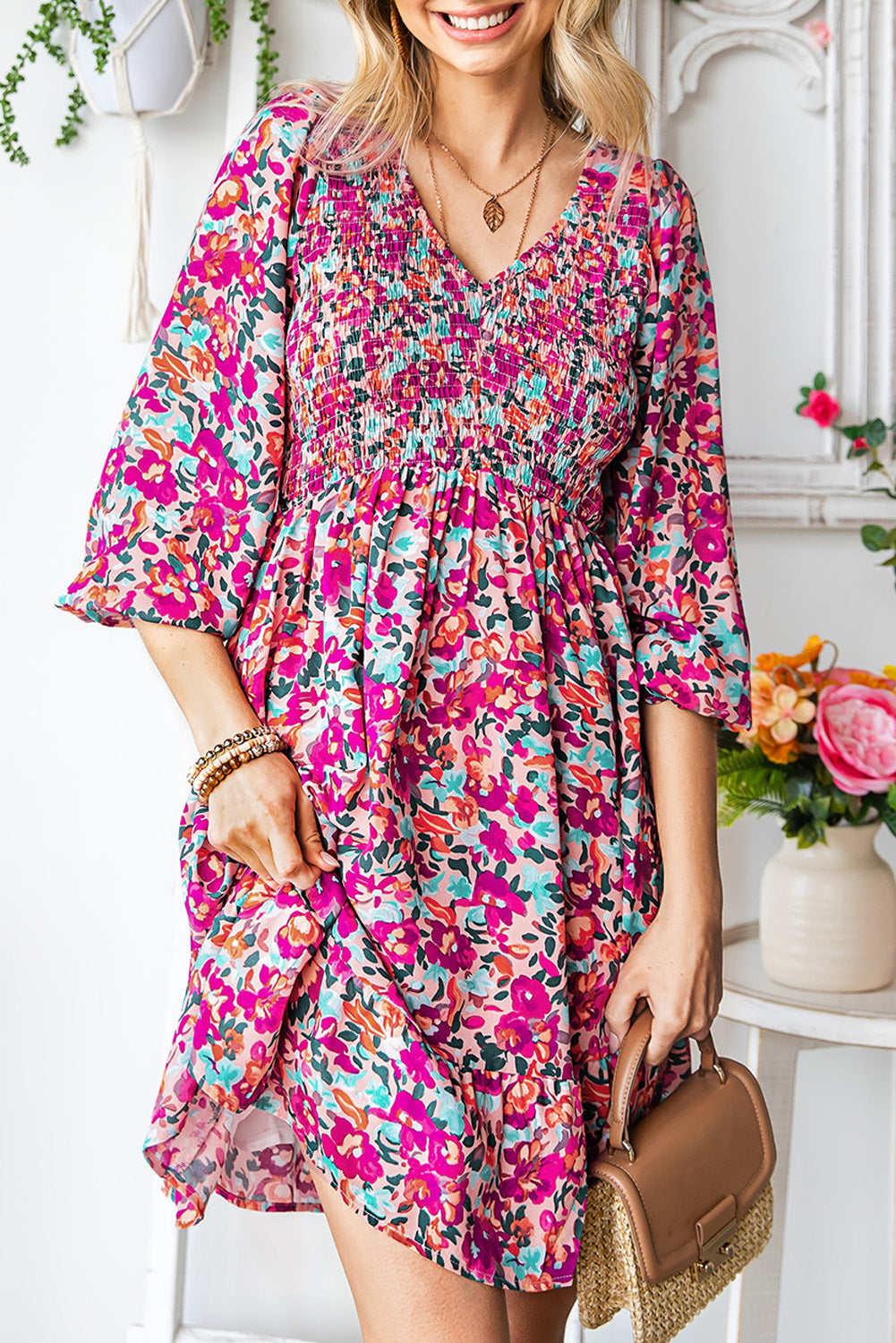 Floral Smocked V-Neck Flounce Sleeve Dress-Angel Casuals