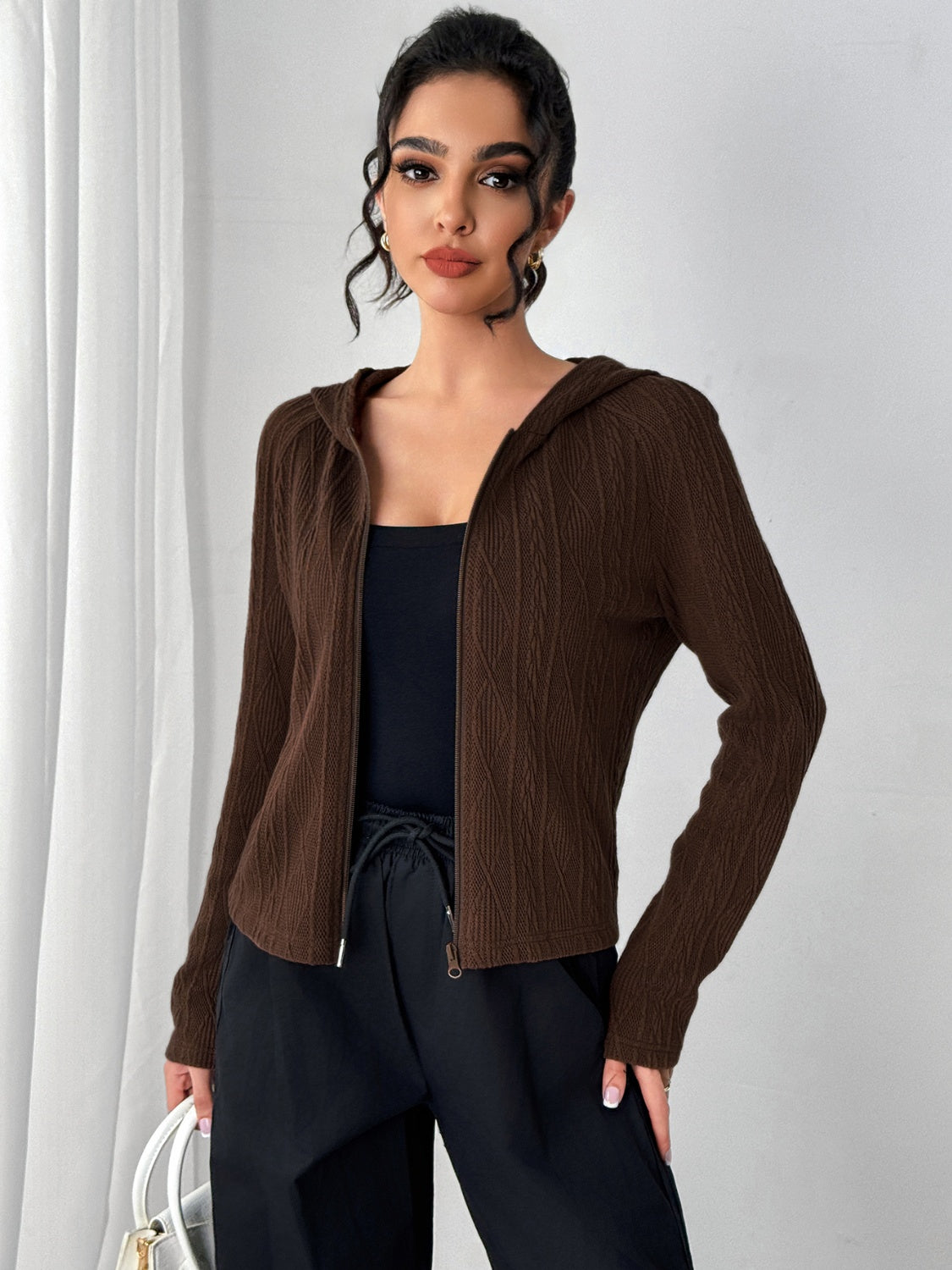 Texture Zip Up Long Sleeve Hooded Outerwear-Angel Casuals