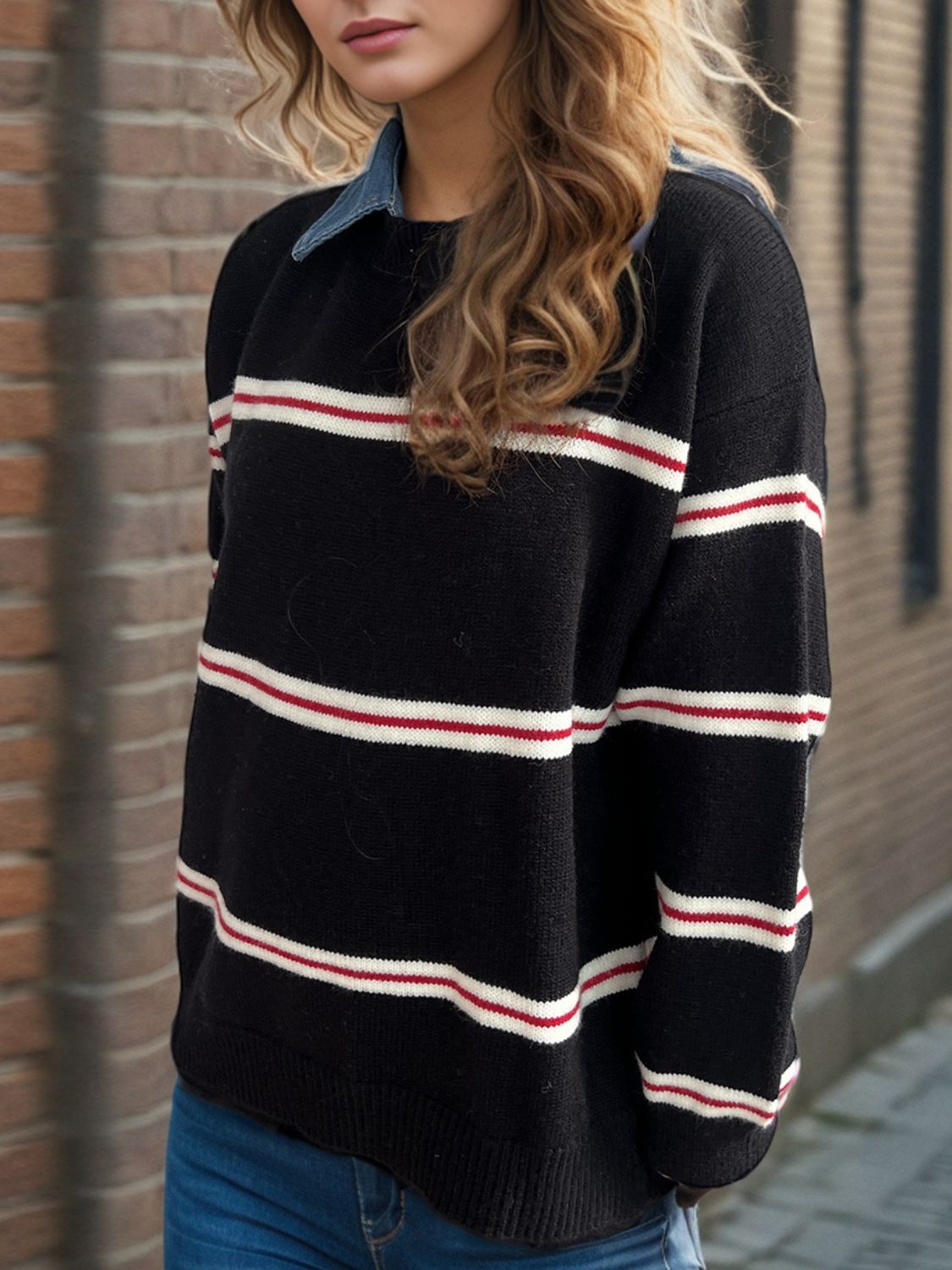 Contrast Stripes Round Neck Long Sleeve Sweater-Angel Casuals