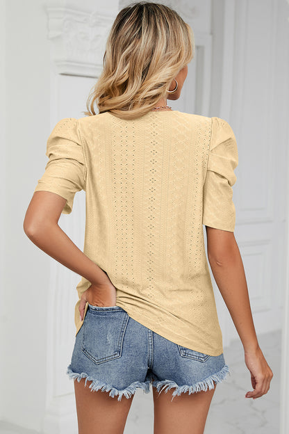 Eyelet Round Neck Puff Sleeve T-Shirt-Angel Casuals