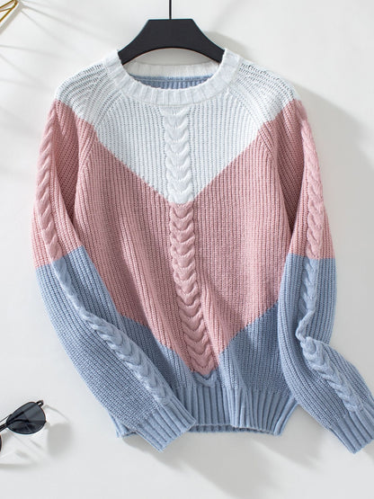 Color Block Round Neck Long Sleeve Sweater-Angel Casuals