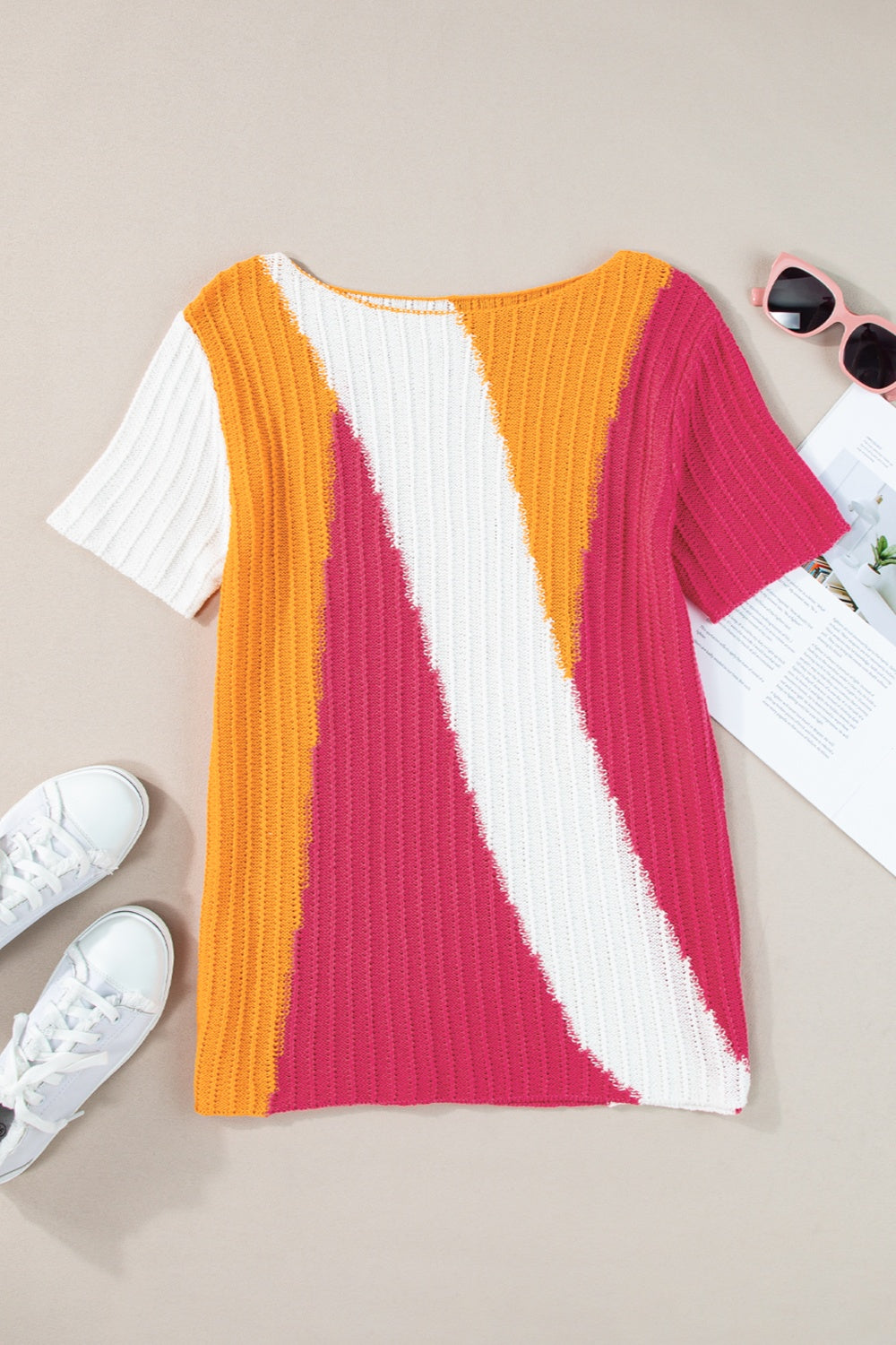 Color Block Round Neck Short Sleeve Knit Top-Angel Casuals