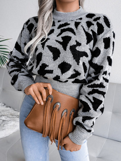 Leopard Round Neck Dropped Shoulder Sweater-Angel Casuals