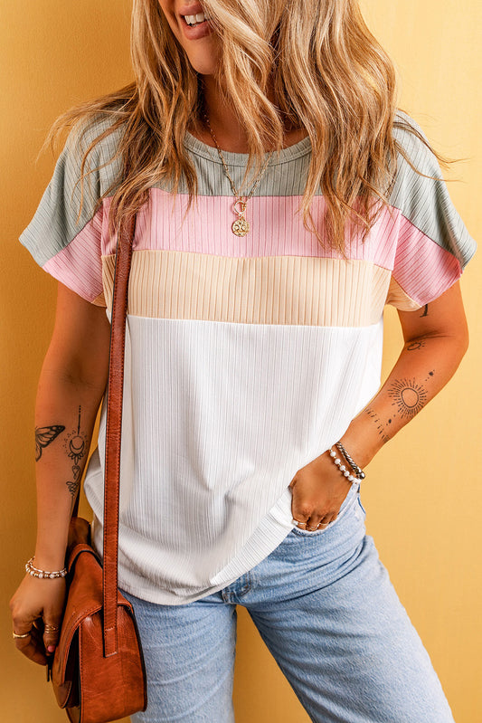 Color Block Round Neck Short Sleeve T-Shirt-Angel Casuals