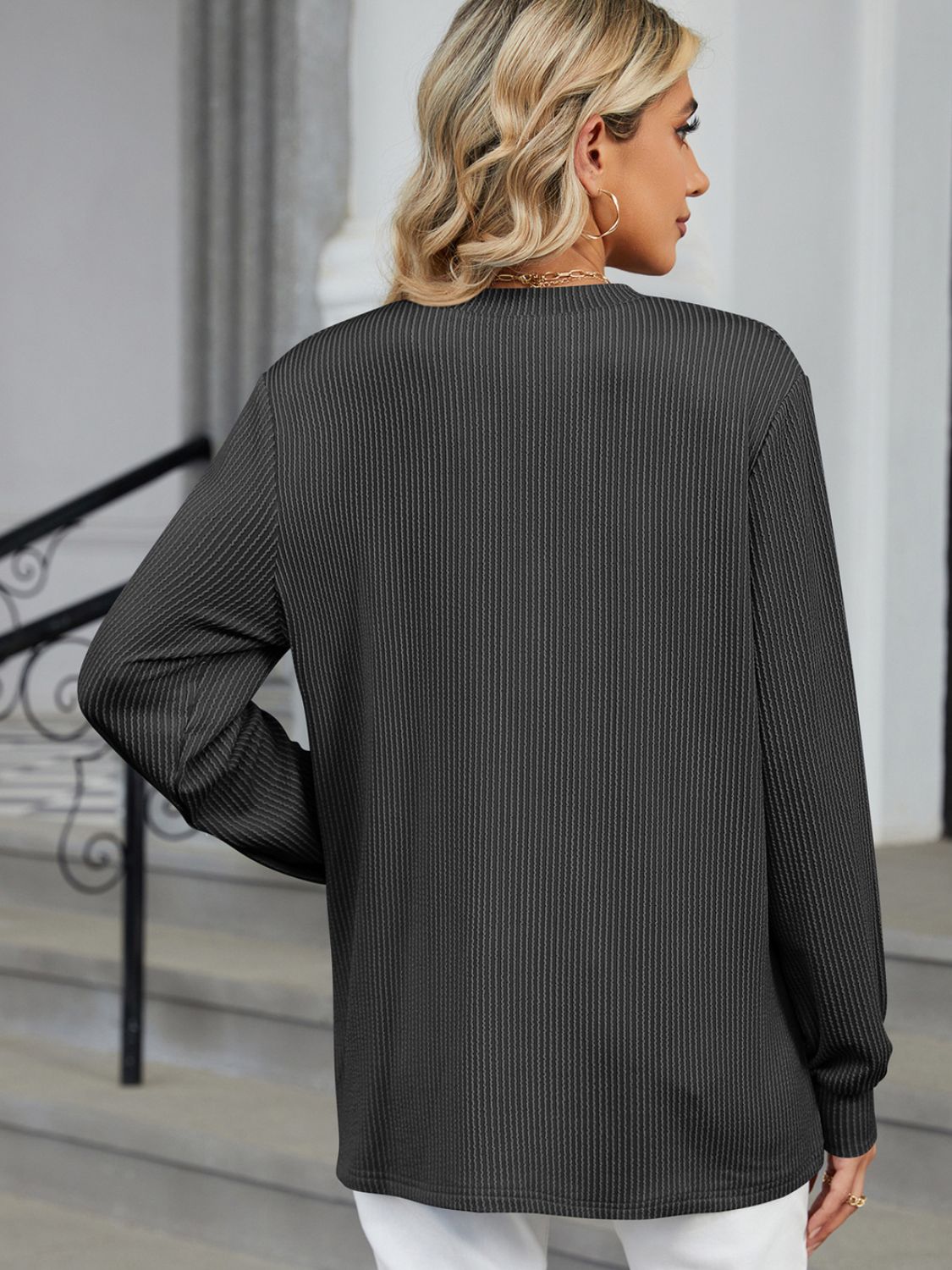 Striped Notched Long Sleeve T-Shirt-Angel Casuals