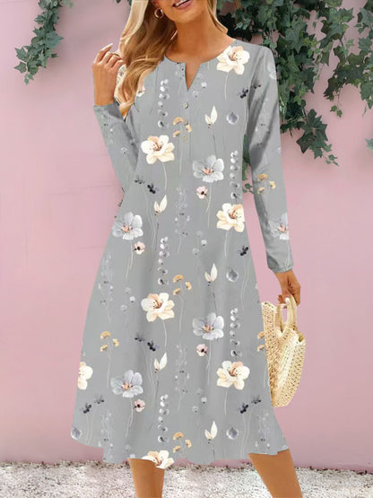 Floral Notched Long Sleeve Midi Dress-Angel Casuals