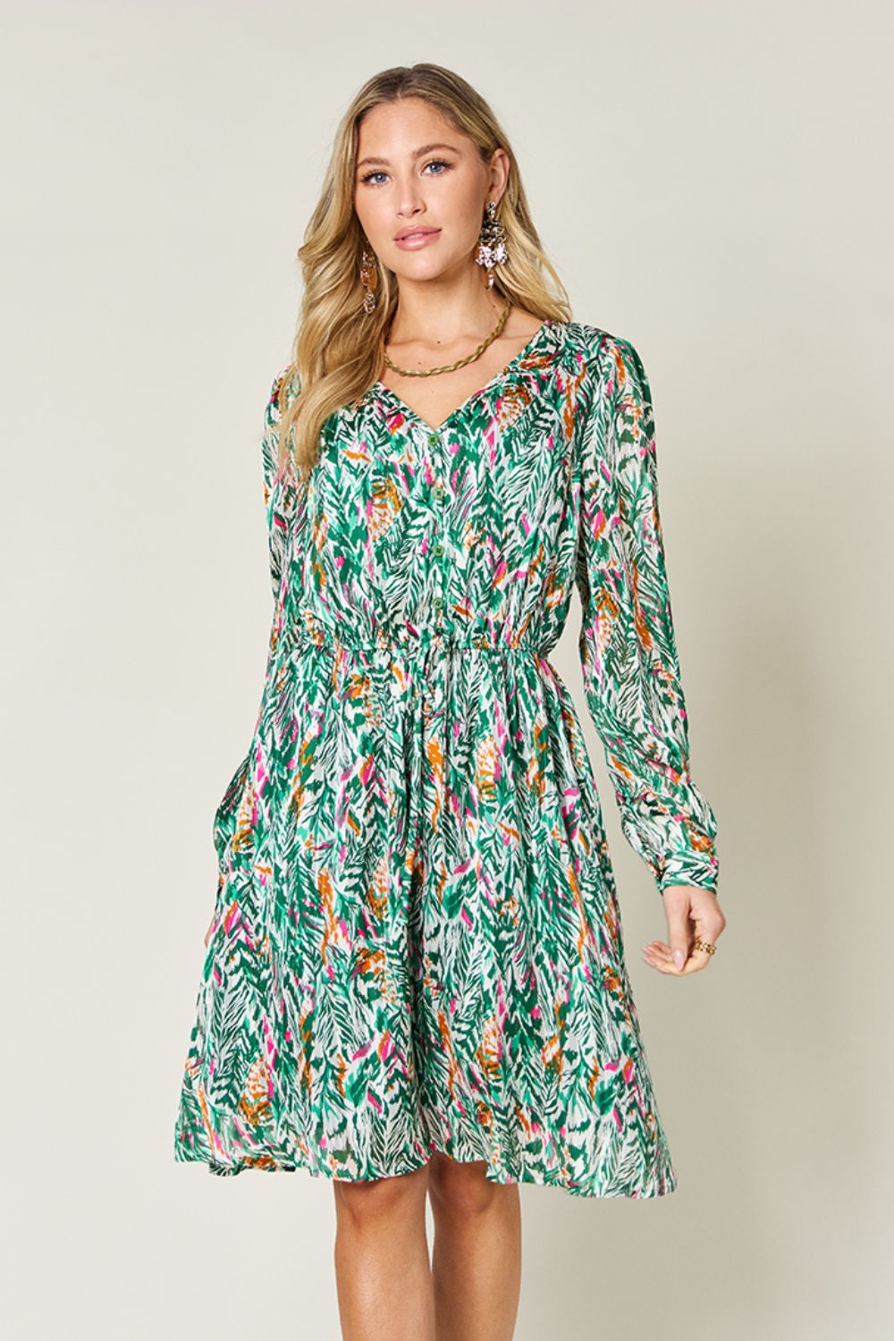 Double Take Full Size Printed Drawstring Waist Long Sleeve Dress-Angel Casuals