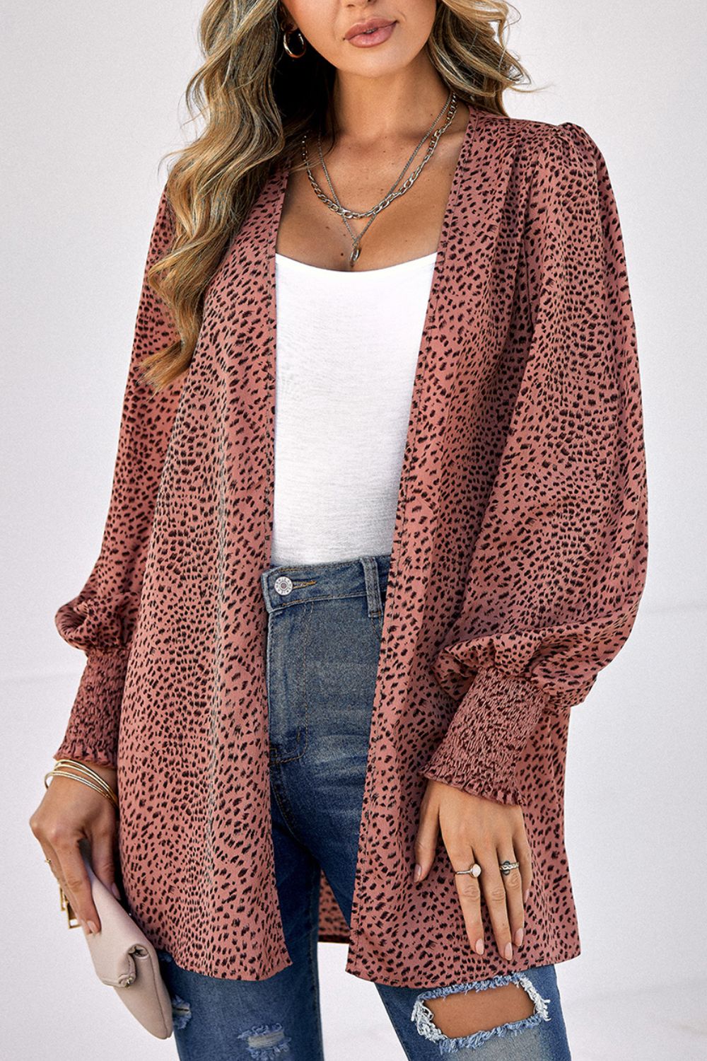 Leopard Print Balloon Sleeve Cardigan-Angel Casuals