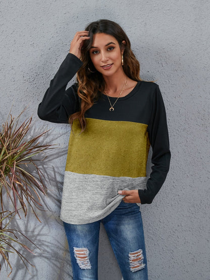Color Block Round Neck Long Sleeve T-Shirt-Angel Casuals
