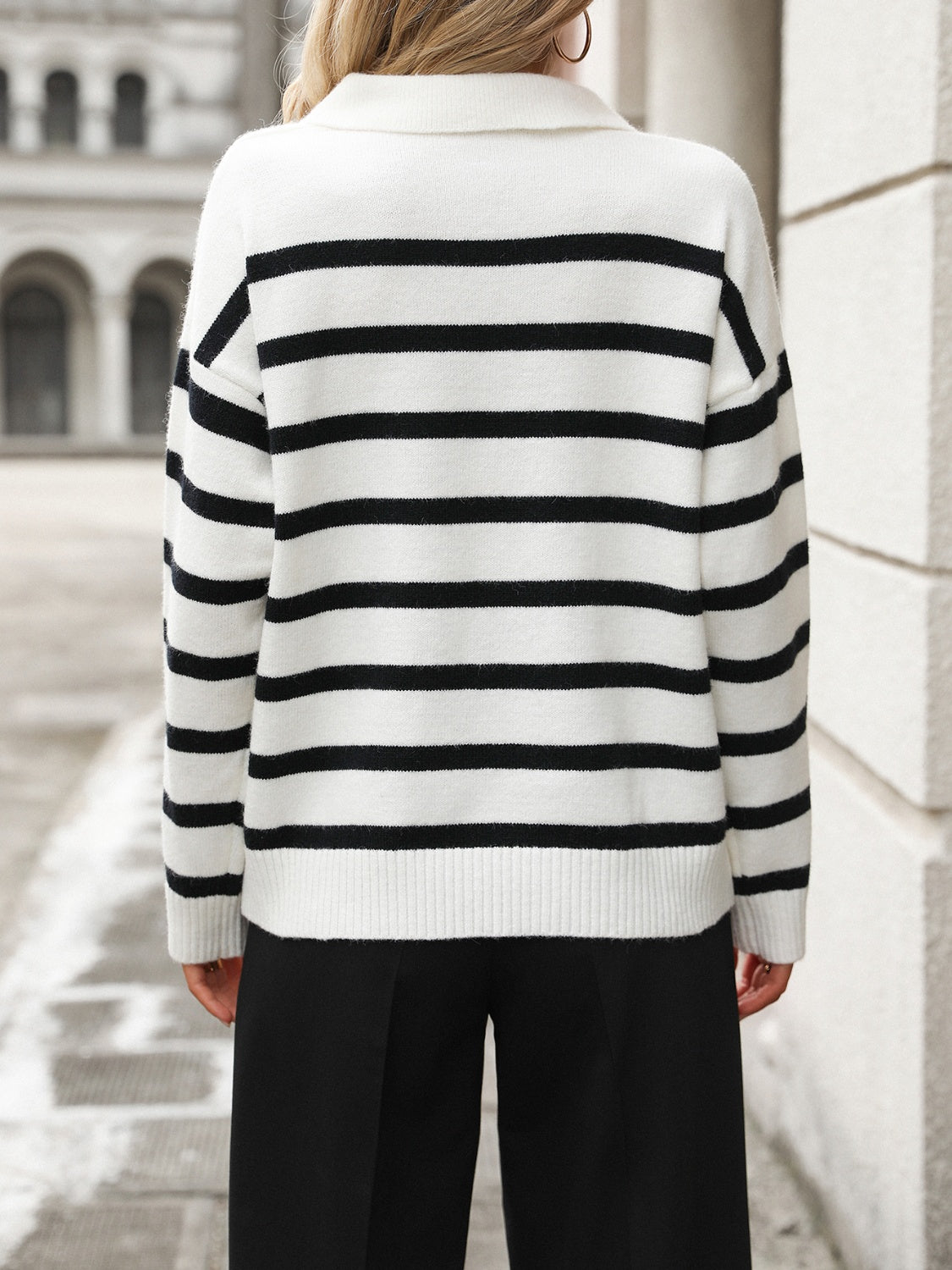 Striped Johnny Collar Long Sleeve Sweater-Angel Casuals