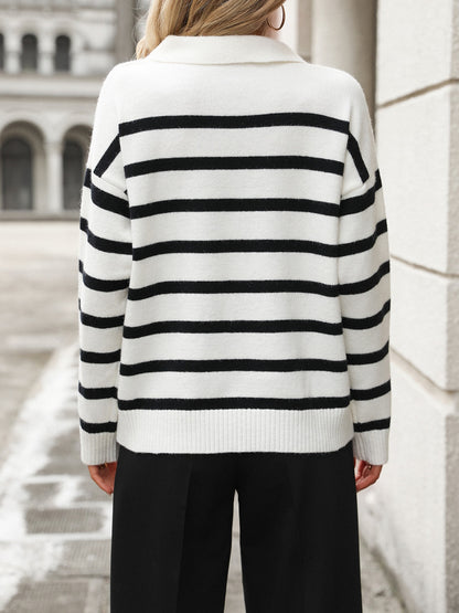 Striped Johnny Collar Long Sleeve Sweater-Angel Casuals