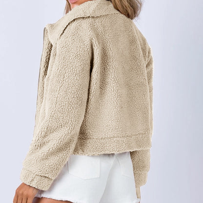 Long Sleeve Collared Neck Sherpa Jacket-Angel Casuals