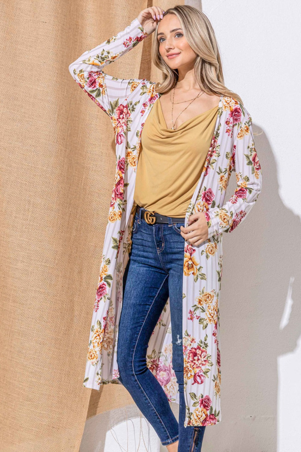 And The Why Floral Kimono Open Front Longline Cardigan-Angel Casuals