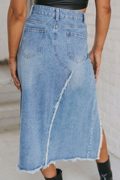 Raw Hem Slit Denim Skirt with Pockets-Angel Casuals