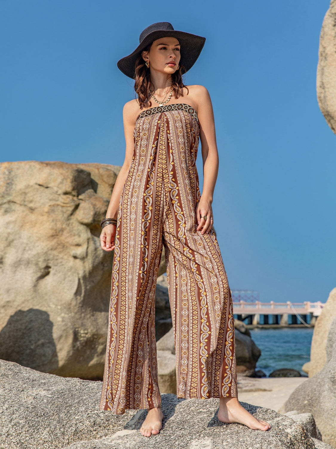 Tied Printed Tube Wide Leg Jumpsuit-Angel Casuals