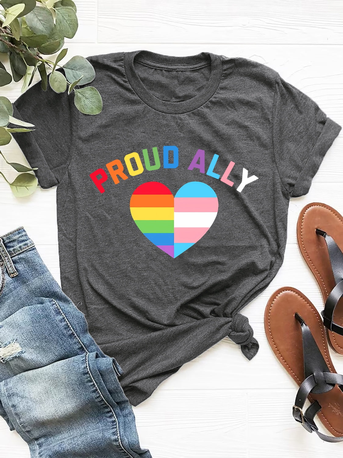 PROUD ALLY Round Neck Short Sleeve T-Shirt-Angel Casuals