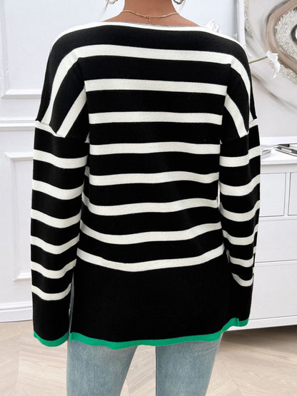 Devine Striped V-Neck Long Sleeve Knit Top-Angel Casuals