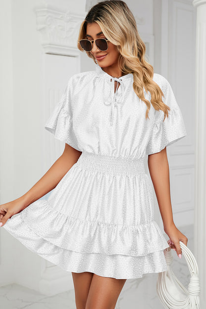 Smocked Tie Neck Flounce Sleeve Dress-Angel Casuals