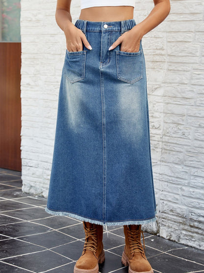 Raw Hem Buttoned Denim Skirt with Pockets-Angel Casuals