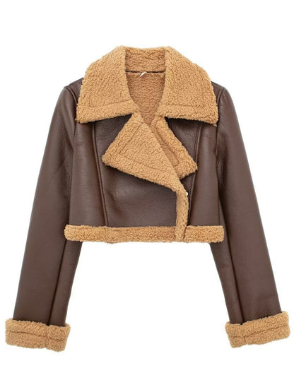 Collared Neck Long Sleeve Plush Cropped Jacket-Angel Casuals