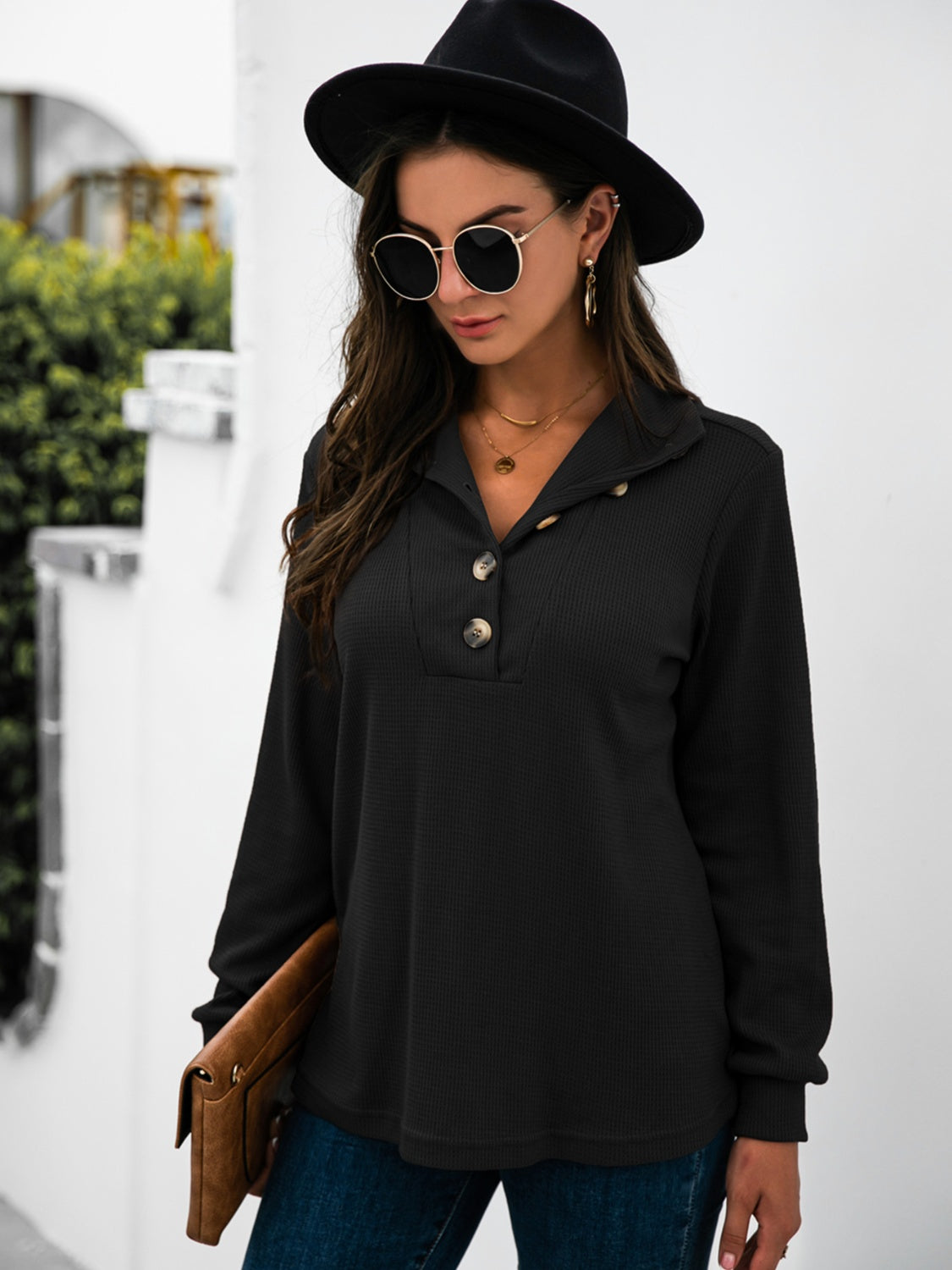 Half Button Long Sleeve T-Shirt-Angel Casuals