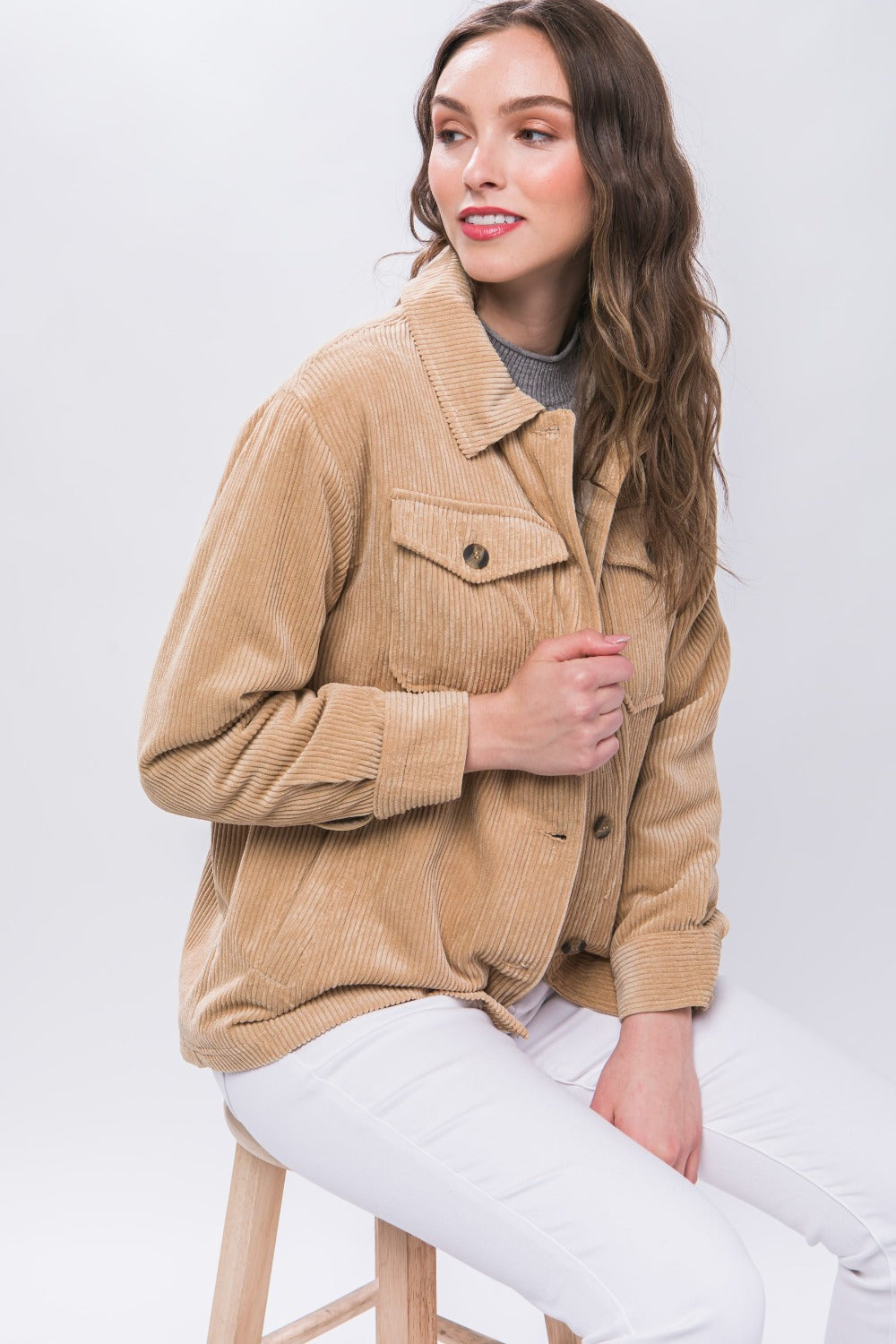 Love Tree Corduroy Button Up Jacket with Sherpa Inside-Angel Casuals