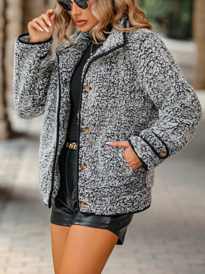 Fuzzy Pocketed Button Up Jacket-Angel Casuals