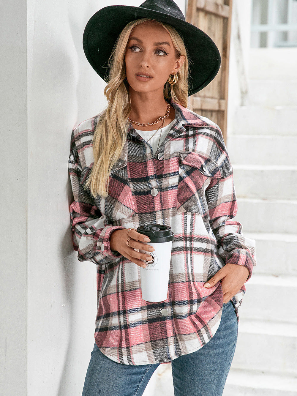 Meet You Outside Plaid Button Down Curved Hem Shacket-Angel Casuals