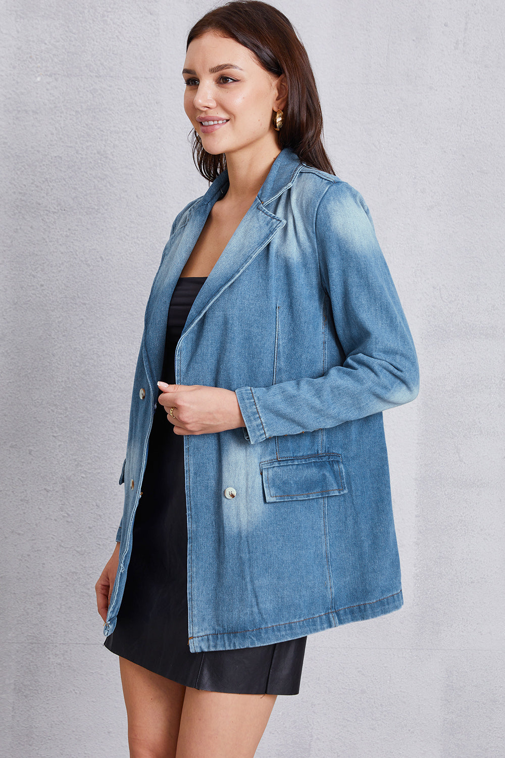 Lapel Collar Washed Denim Top-Angel Casuals