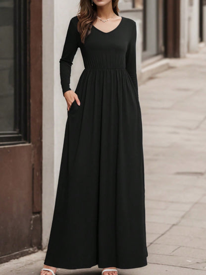 Pocketed V-Neck Long Sleeve Maxi Dress-Angel Casuals