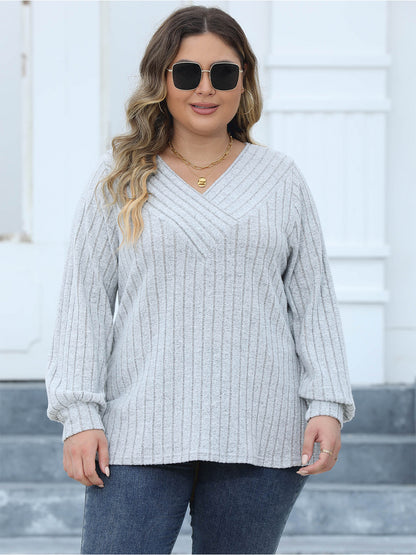 Plus Size Ribbed V-Neck Long Sleeve Top-Angel Casuals