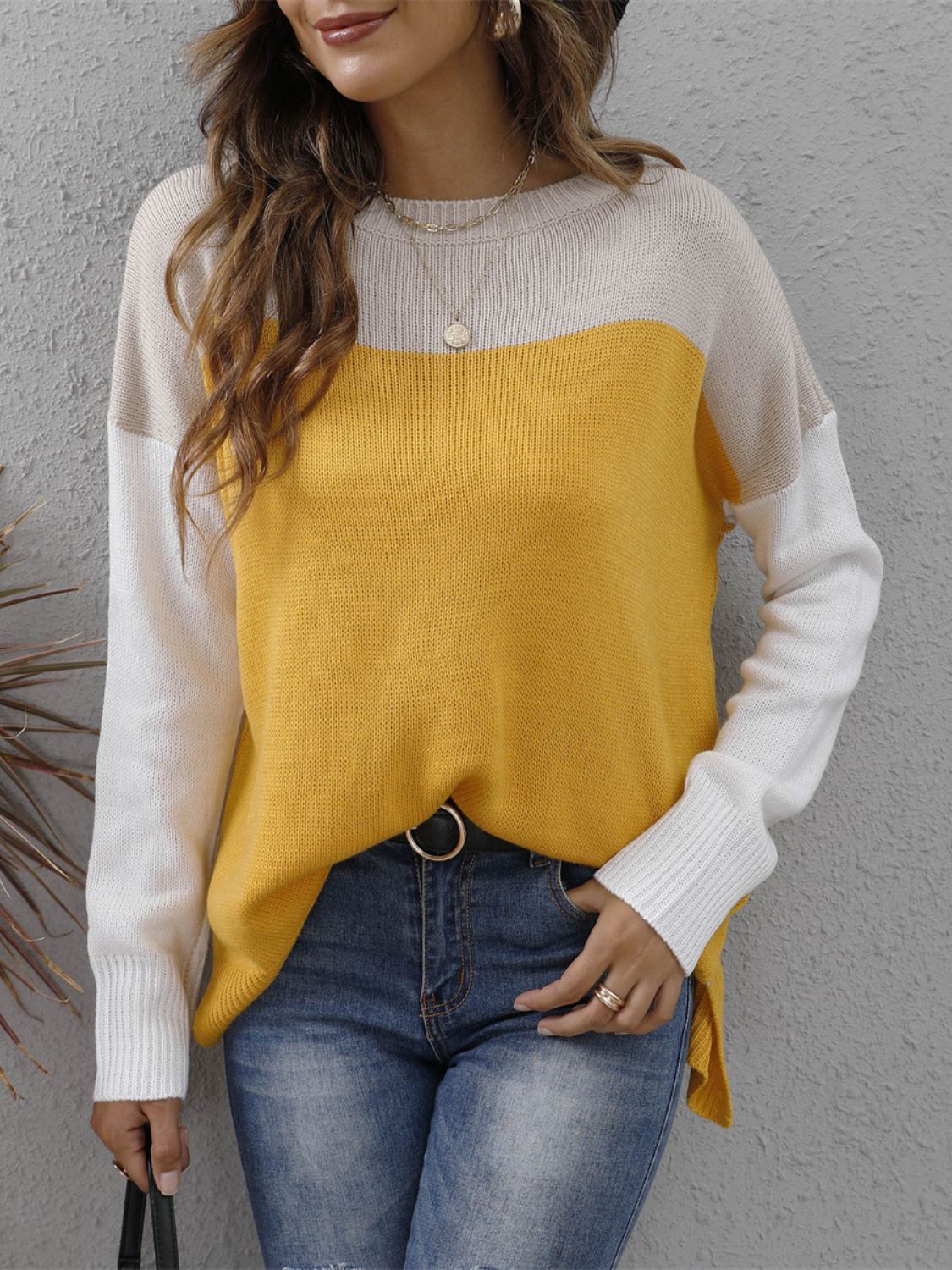 Color Block Round Neck Sweater-Angel Casuals