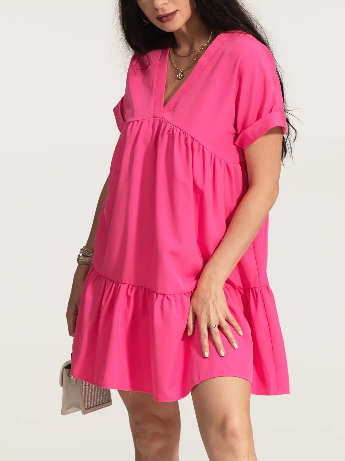 V-Neck Short Sleeve Ruffle Hem Dress-Angel Casuals