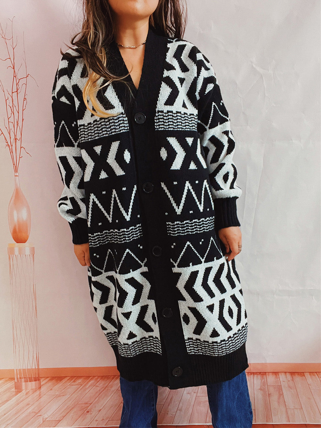 Geometric Button Front Longline Cardigan-Angel Casuals
