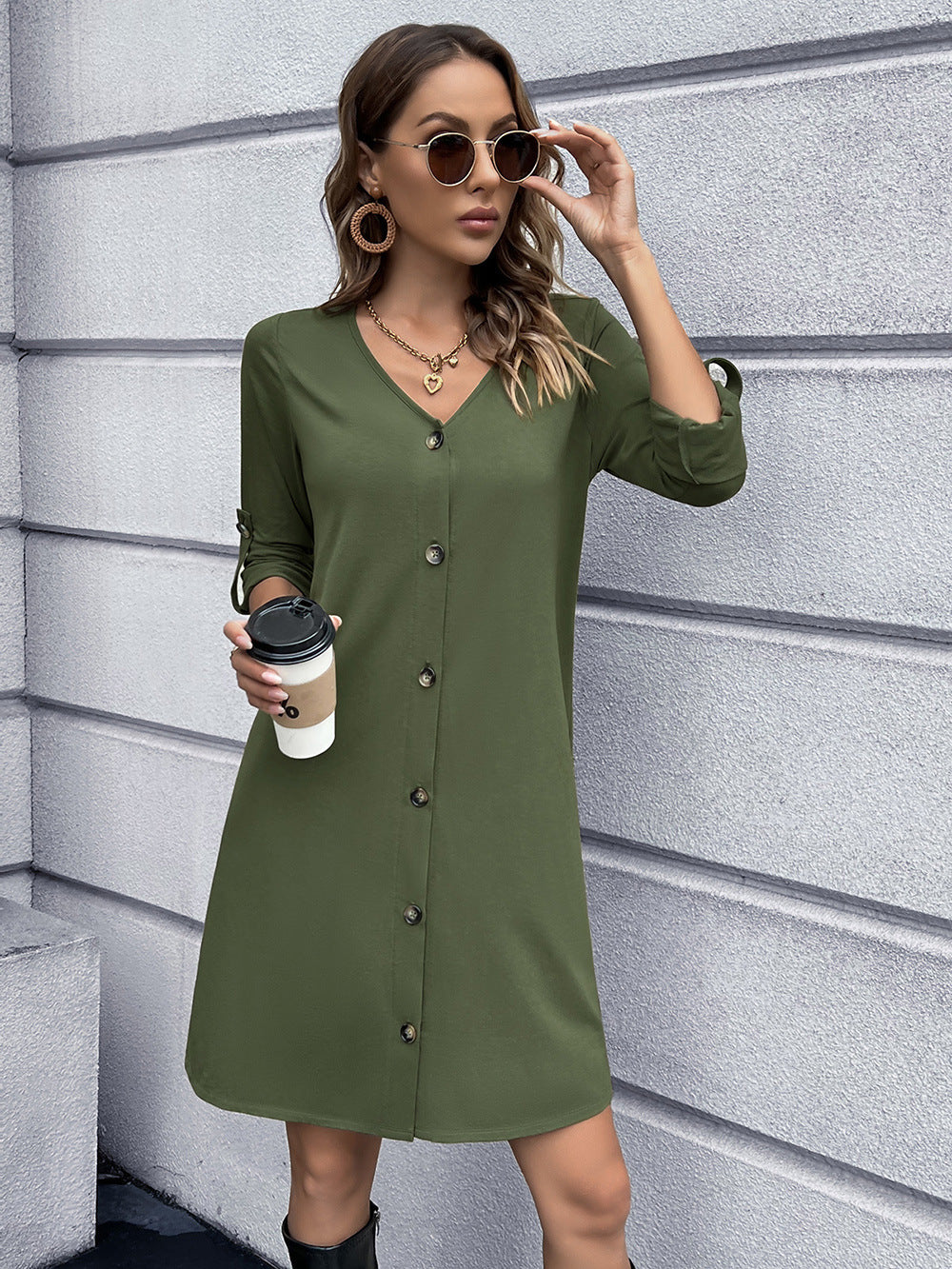 Button Down V-Neck Mini Dress-Angel Casuals