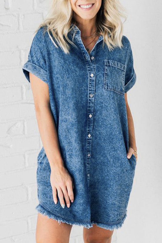 Raw Hem Pocketed Cap Sleeve Denim Dress-Angel Casuals