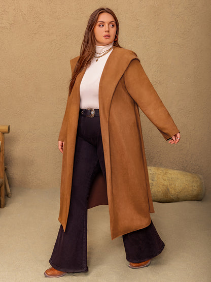 Plus Size Tied Long Sleeve Hooded Coat with Pockets-Angel Casuals