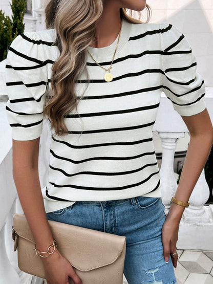 Devine Striped Round Neck Puff Sleeve Knit Top-Angel Casuals