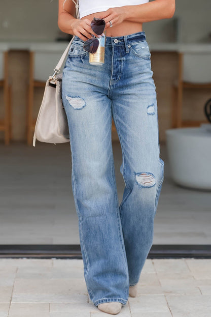 Distressed Straight Jeans with Pockets-Angel Casuals