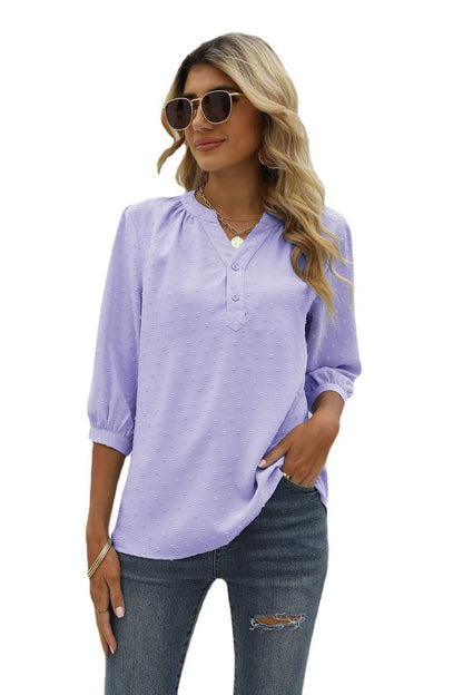 Swiss Dot Notched Neck Three-Quarter Sleeve Blouse-Angel Casuals