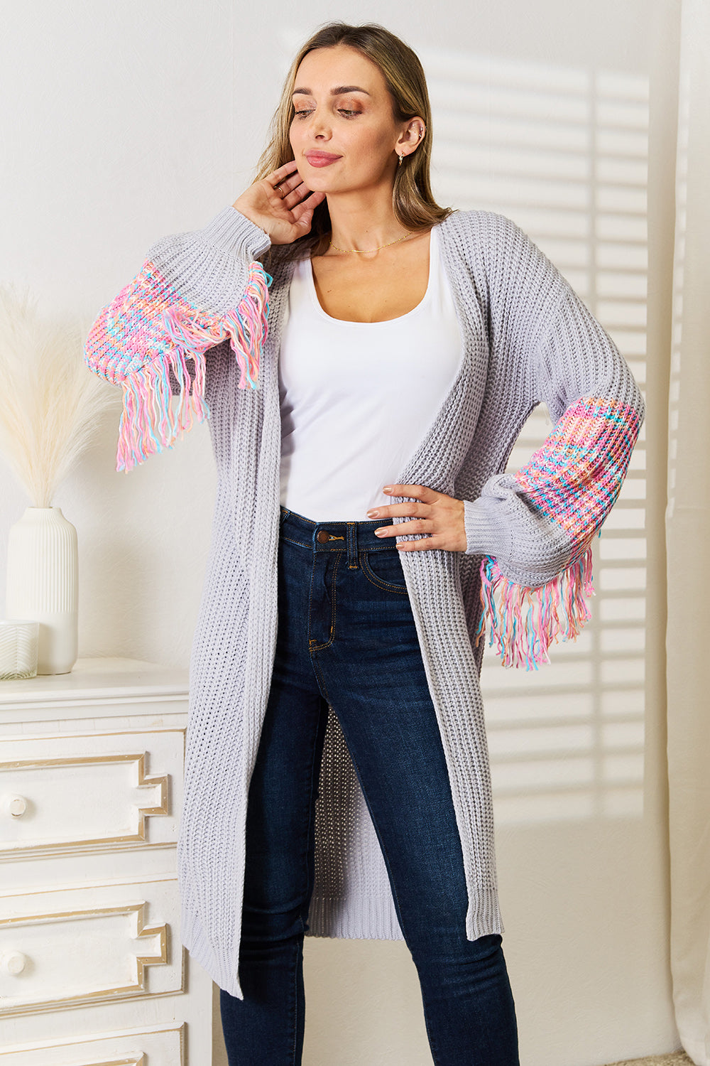 Woven Right Fringe Sleeve Dropped Shoulder Cardigan-Angel Casuals