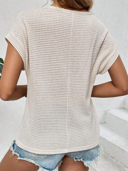 Waffle-Knit Round Neck Short Sleeve Top-Angel Casuals
