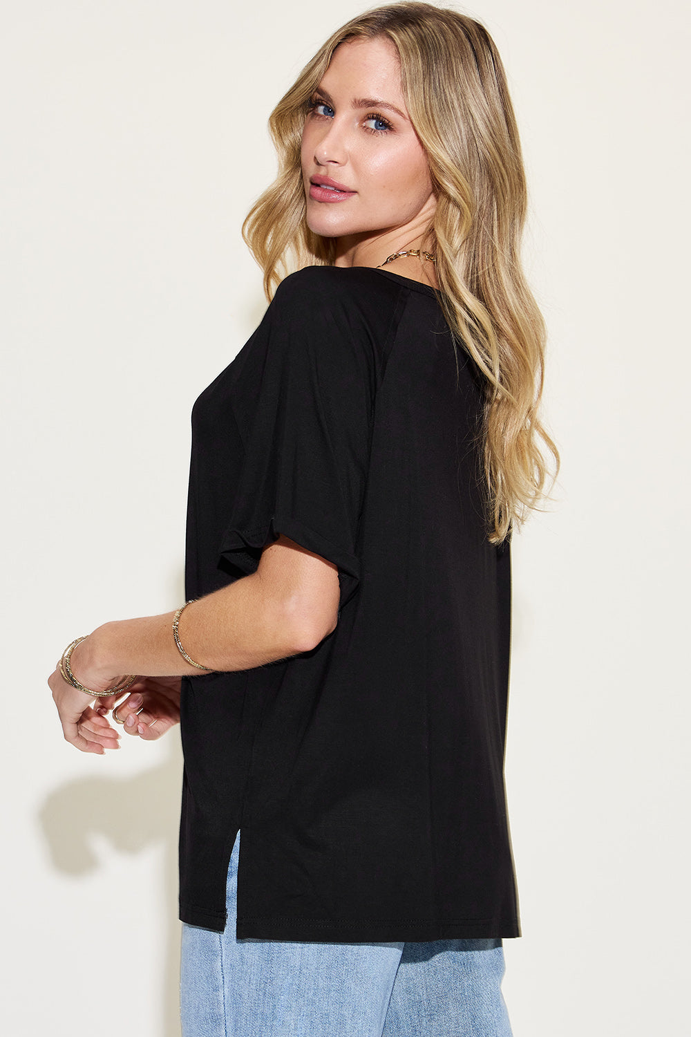 Basic Bae Full Size Bamboo Slit V-Neck Short Sleeve T-Shirt-Angel Casuals