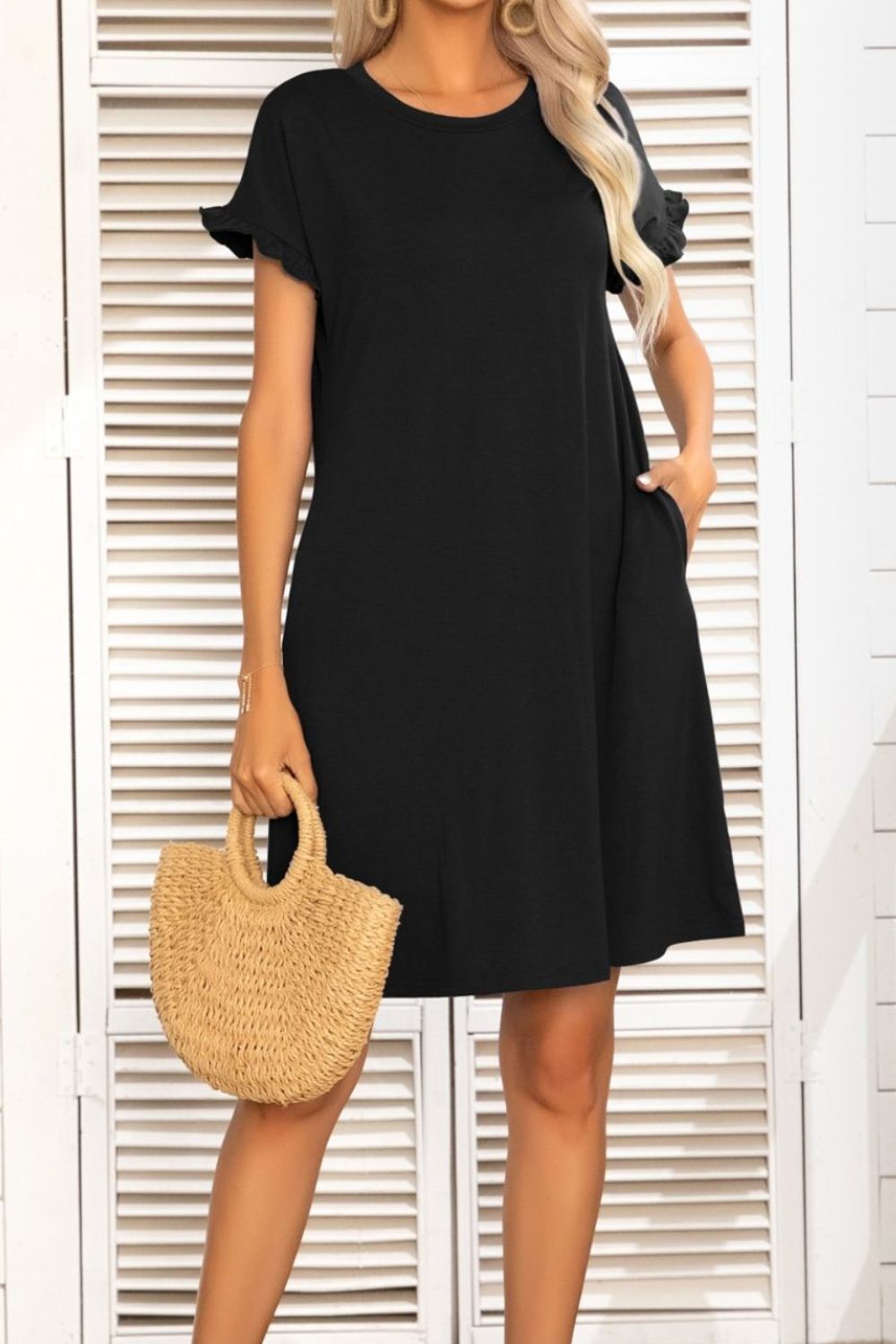 Flounce Sleeve Round Neck Dress with Pockets-Angel Casuals