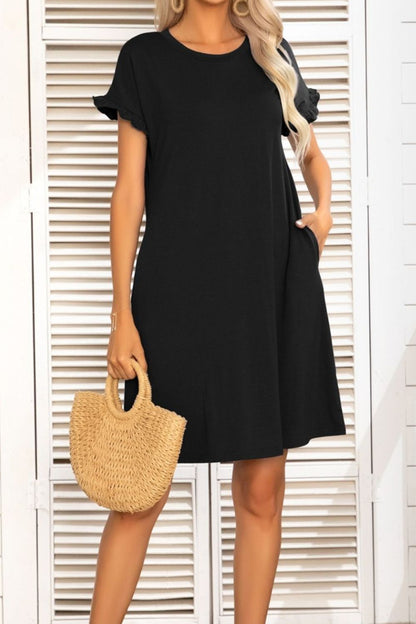 Flounce Sleeve Round Neck Dress with Pockets-Angel Casuals