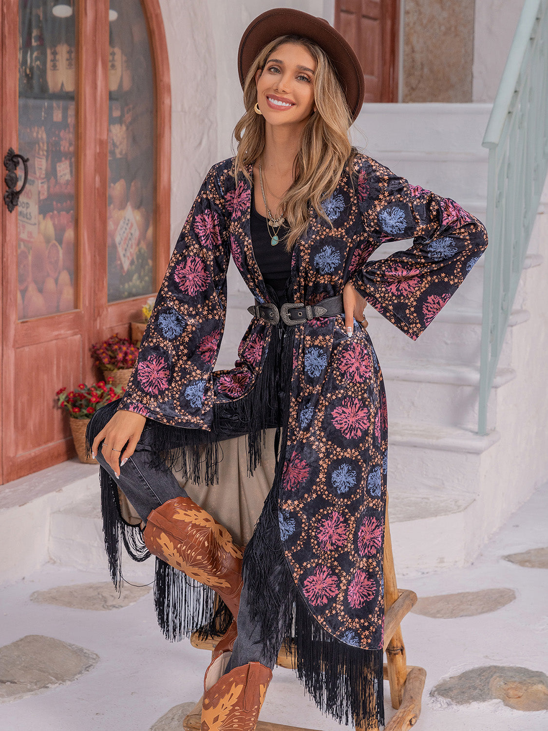 Fringe Open Front Long Sleeve Cardigan-Angel Casuals