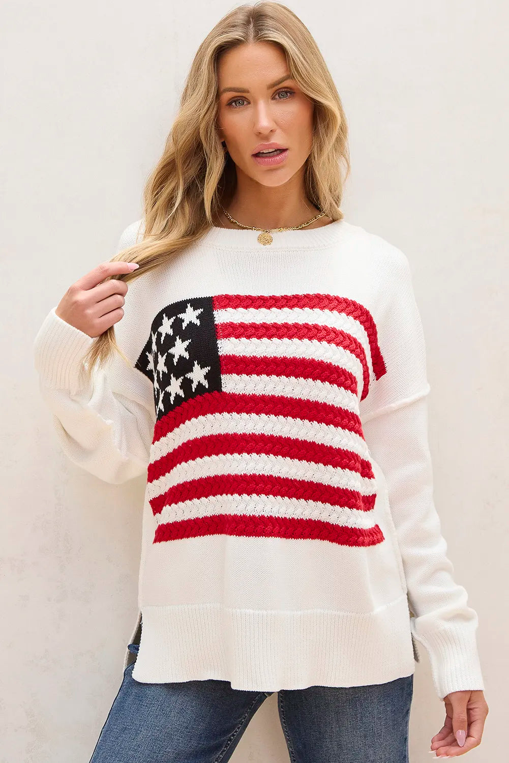 US Flag Round Neck Long Sleeve Knit Top-Angel Casuals