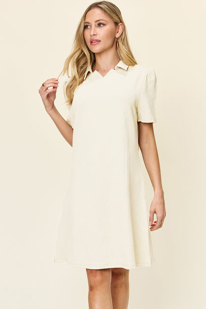 Double Take Full Size Texture Collared Neck Short Sleeve Dress-Angel Casuals